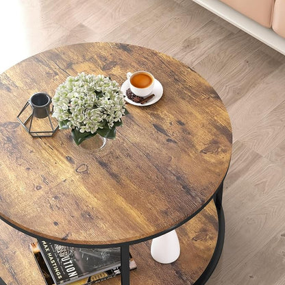 NSdirect Round Coffee Table, 25.6" Small Coffee Table for Living Room,2-Tier Rustic Wood Desktop with Storage Shelf Modern Design Home Furniture(Brown)
