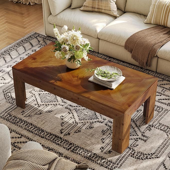 Rectangular Coffee Table, 47-Inch Solid Wood Living Room Coffee Table, Mid Century Modern Center Cocktail Table for Living Room, Apartment, Office, Antique Brown