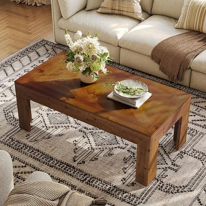 Rectangular Coffee Table, 47-Inch Solid Wood Living Room Coffee Table, Mid Century Modern Center Cocktail Table for Living Room, Apartment, Office, Antique Brown