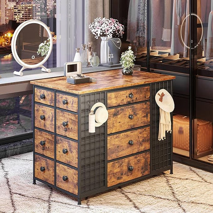 EnHomee 24 Drawers Dresser for Bedroom, Dressers & Chests of Drawers with 4 Wheels and 40" x 23" Wide Wooden Top, Metal Frame, Closet Island with Hooks, Cloakroom, Dressing Room, Rustic Brown