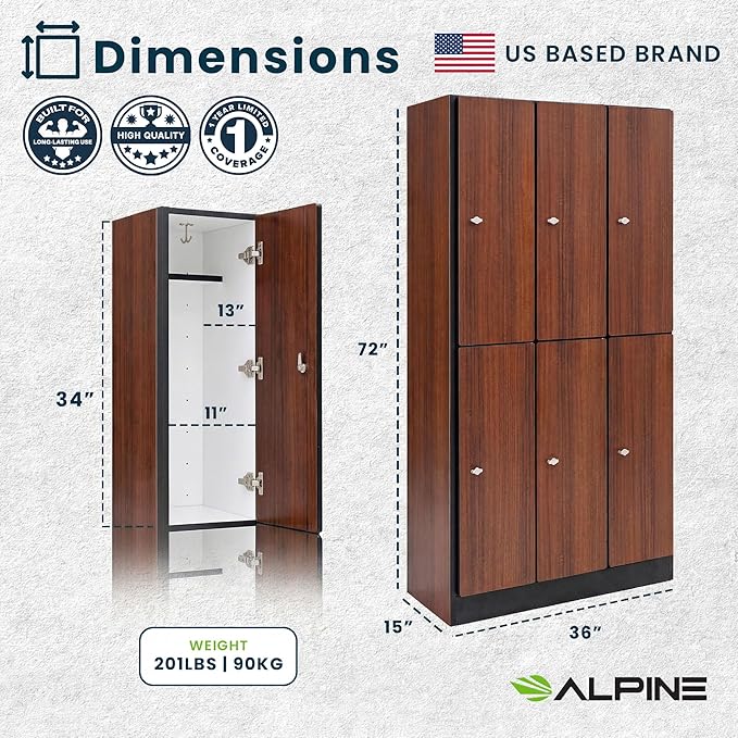 Alpine 6 Door Wooden Locker Cabinet - 72" Expandable Commercial Storage Lockers for Gym, Spa, Office & Golf Club - Includes Metal Base & Lock-Ready Handles, Triple Column 2 Tier - Walnut