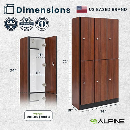 Alpine 6 Door Wooden Locker Cabinet - 72" Expandable Commercial Storage Lockers for Gym, Spa, Office & Golf Club - Includes Metal Base & Lock-Ready Handles, Triple Column 2 Tier - Walnut
