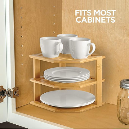 Cabinet Organizer Shelf - Bamboo Corner Rack for Kitchen Counter, Cabinet Space Saver for Plates, Dishes, Bowls, Bread - Pantry and Bathroom Storage or Countertop - Useful Home & Housewarming Gift | Kitchen Counter, Cabinet Space Saver, Plates, Dishes,...