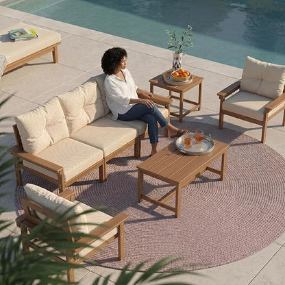 HDPE Outdoor Patio Furniture Set, 7-Piece Patio Conversation Sets with Coffee Table & Side Table & Beige Washable Thick Cushions, Outdoor Sofa for Balcony, Porch, Poolside (Teak Frame)