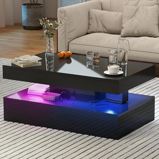 39" High-Glossy LED Coffee Table with 2 Sliding Drawers,Living Room Storage Coffe Tables,Modern Stylish Double-Layer Center Tables with LED Lights,Black