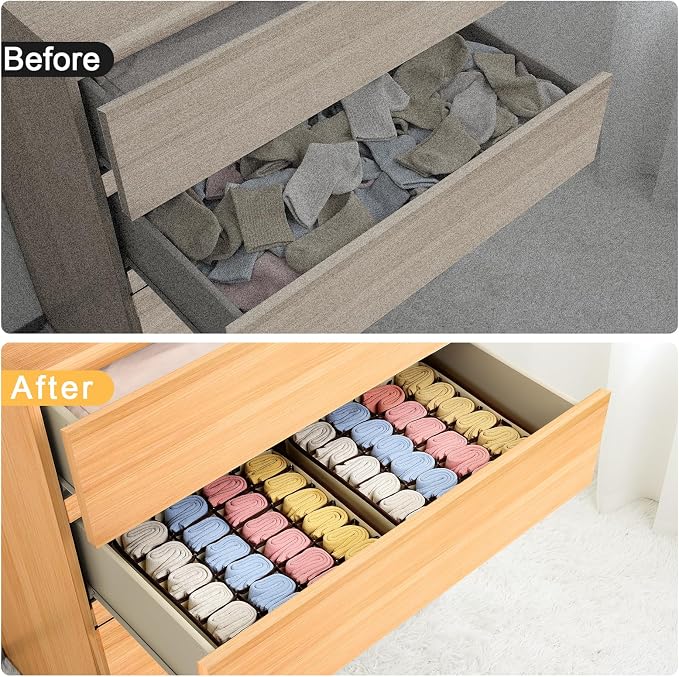 Joyoldelf Sock Organizer Drawer Organizer - Underwear Organizer, 24 Cell Collapsible Closet Organizers and Storage Sock Holders Organizers for Storing Socks, Ties, Belts 6 Pack Beige