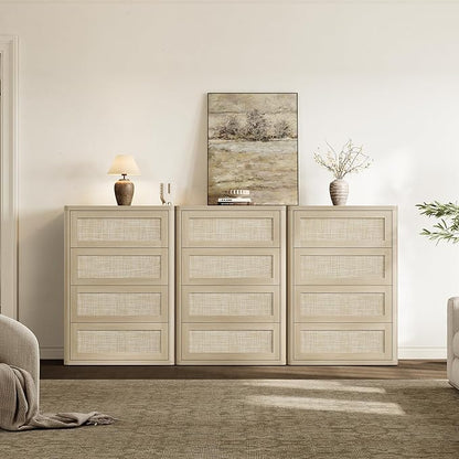 SICOTAS 4 Drawer Dresser for Bedroom-40.59'' Tall Rattan Bedroom Dressers with Oversized Drawers, Boho Wooden Chest of Drawers, Push-to-Open Storage Dresser for Closet, Nursery, Sand Oak, 3PCS