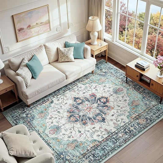 RELEANY Area Rugs 6'x9' Washable Non-Slip, Floral Vintage Distress Medallion Carpet for Living Room Bedroom Dining Room, Green Navy Blue White Red Teal