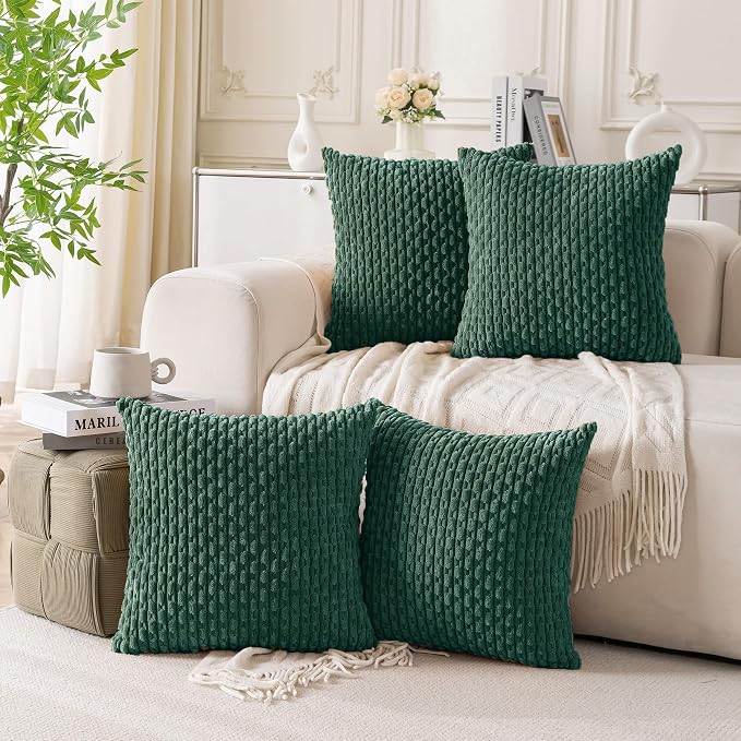 Set of 4 Dark Green Decorative Throw Pillow Covers 26x26 Inch Corduroy Pillow Covers for Bed Couch Sofa Living Room Soft Square Cushion Cases
