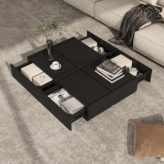 Coffee Table with Storage,Modern Center Table with 4 Hidden Drawers for Living Room,Rectangle Coffee Table for Home Furniture,Bedroom,Black