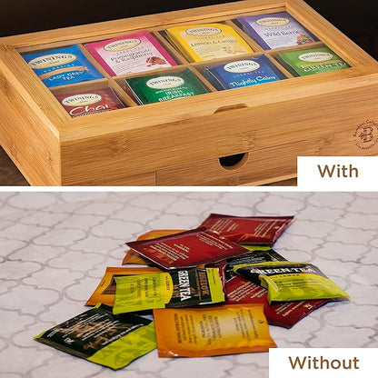Bamboo Tea Bag Organizer Box - 8 Compartment Tea Storage Box with Acrylic Lid, Magnetic Closure and Drawer, Tea Bag Holder for Kitchen Counter, Tea Organizer, Tea Box, Gift for Mom Wife Tea Lovers