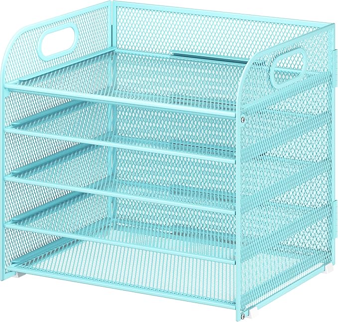 5 Tier Paper Organizer with Handle, Blue Metal Mesh Desk Organizer File Folder Paper Letter Tray Desktop Document Sorter for Classroom, School, Office Accessories Organization and Storage