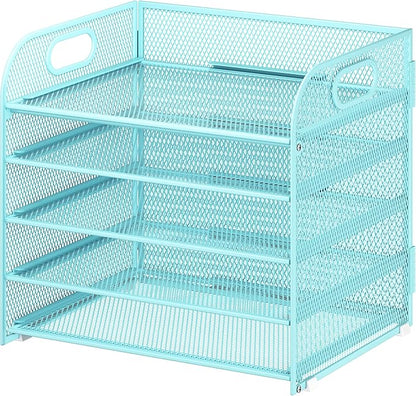 5 Tier Paper Organizer with Handle, Blue Metal Mesh Desk Organizer File Folder Paper Letter Tray Desktop Document Sorter for Classroom, School, Office Accessories Organization and Storage
