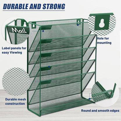 EASEPRES Desk File Organizer Mesh 6-Tier, Hanging Wall Mount Document Organization Stand, Desktop Vertical Mail Paper Folder Holder Rack with Bottom Tray for Office Home Cubicle Countertop, Dark Green