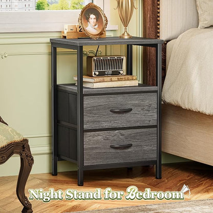 Huuger Night Stand Set of 2, Nightstand with 2 Drawers, Bed Side Table with Open Shelf, Wooden Top, End Table, Fabric Drawer, for Bedroom, Gery