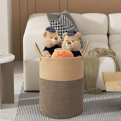 Eblog 58L Cotton Rope Laundry Basket (20"x15"),Woven Basket for Storage Dirty Clothes Basket for Laundry, Living Room, Nursery, Bedroom Rope Storage Basket for Blankets（Brown/Stitches）
