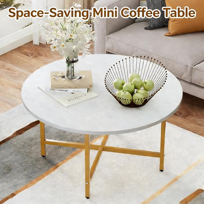 FAMIDGE Coffee Table, 23.6" Coffee Tables for Living Room, Round Coffee Table with Metal Frame, Floor Table for Sitting on The Floor, Home, Office, White & Gold Legs