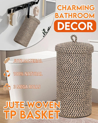 ZOES HOMEWARE Jute Toilet Paper Storage Basket with Lid,Bathroom Toilet Paper Holder Stand for 3 Mega Rolls,Tissue Holder for Bathroom with Removable Waterproof Insert, 7"x7"x13.5"