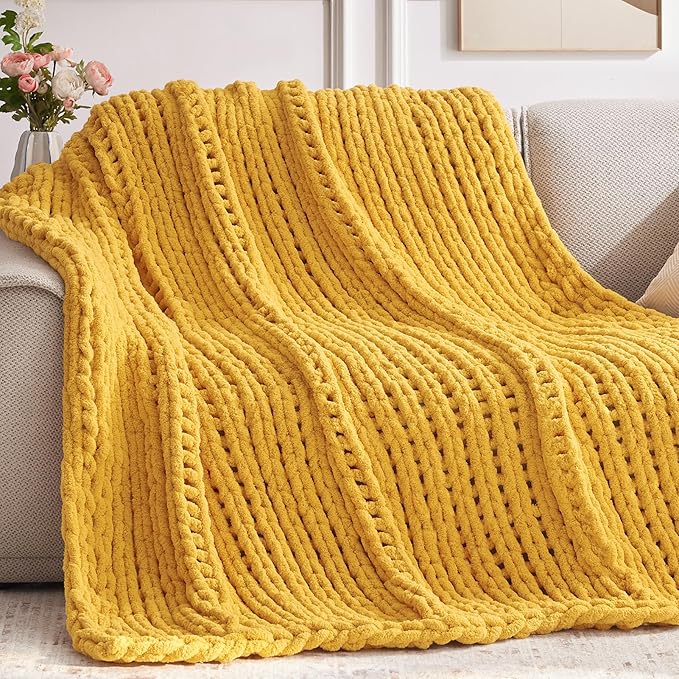 Negwoo Chunky Knit Throw Blanket, 80''*90'' Knitted Throw Chenille Yarn for Bed Couch, Handmade Yellow Crochet Big Thick Blanket, Machine Washable Cute Comfy Blanket for Home Decor