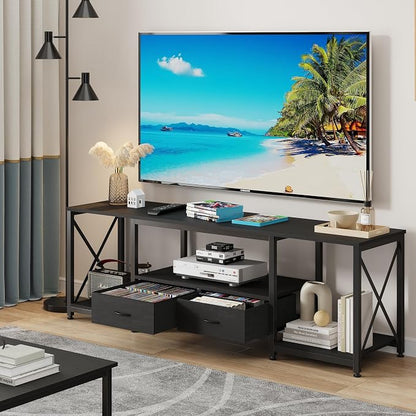 GYIIYUO TV Stand with Fabric Drawer for 50 55 Inches TV - Entertainment Center and Industrial TV Console Table with Open Storage Shelves for Living Room, Bedroom - 47" Black