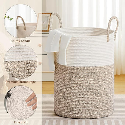 Tall Laundry Basket with Handles, 100L Portable Dirty Clothes Hamper, Boho Cotton Rope Storage Bin for Blankets Kids Toys Gifts, Extra Large Organizer for Baby Nursery Bedroom Bathroom, Brown