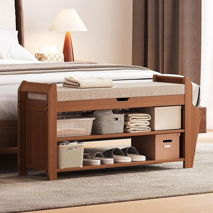 31.5" Bamboo Shoe Rack Bench with Storage, 3-Tier Entryway Bench with Thick Cushion, Flip-Top & Side Baskets, Holds Up to 550 LBS for Hallway, Living Room, Bedroom