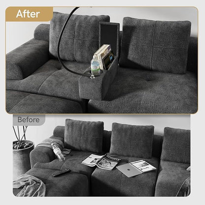Multifunctional Couch Caddy Sofa Armrest with Couch Cup Holder, Charging Console, Phone Holder, Storage 20.3'' Removable Dark Grey Chenille Sofa Arm Rest Caddy Organizer for Sofas Couches