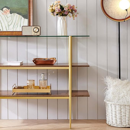 Glass Console Table for Living Room, Foyer & Entrance, H41 x W14 x H31inch, 3-Tier Mid-Century Modern Sofa Table with Clear Glass Top, Walnut Finish Wood Shelf and Gold Finish Frame