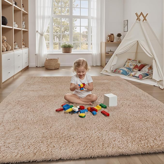 Area Rug for Living Room Bedroom: 6x9 Camel Soft Fluffy Shag Upgrade Non-Slip High Pile Carpet Large Fuzzy Plush Indoor Floor Decor Shaggy Rug for Kid Boys Girls Dorms Playroom Nursery Modern Home