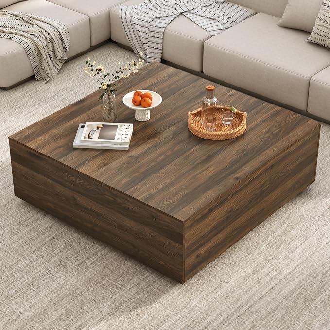 47” Square Coffee Table with Storage, 47" D x 47" W x 17" H Modern Large Square Center Table with 2 Drawers,Wood Coffee Table for Living Room,Bedroom（Walnut）