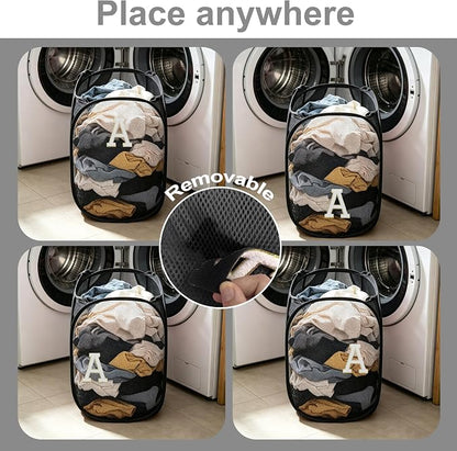 Collapsible Pop Up Laundry Hamper, Extra Large with Removable Initial Letter A, Mesh Foldable Laundry Basket, 28" x 16" x 16" (Black)