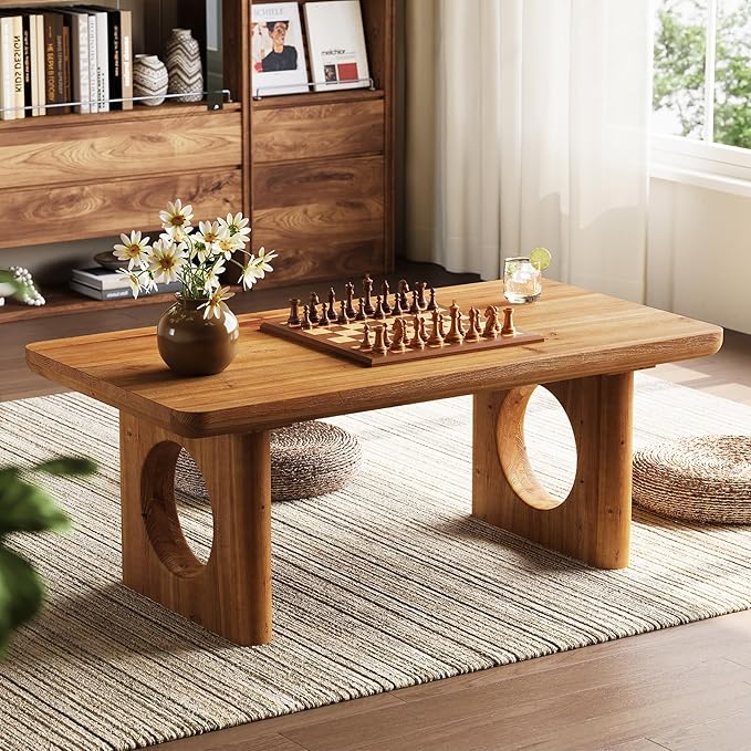 LITTLE TREE Solid Wood Coffee Table, Modern Farmhouse Coffee Table with Thick Tabletop, Rectangle Center Table for Living Room, Home Office, Bedroom, Brown