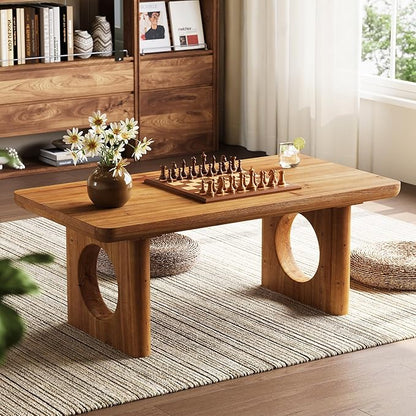LITTLE TREE Solid Wood Coffee Table, Modern Farmhouse Coffee Table with Thick Tabletop, Rectangle Center Table for Living Room, Home Office, Bedroom, Brown