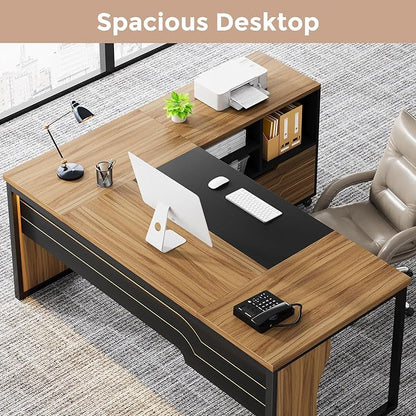 L Shaped Executive Computer Desk with Mobile File Cabinet and LED Light, 63 inch Large Office Table Business Furniture with Storage and Drawers for Home Office, Dark Walnut