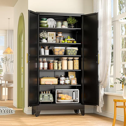 GAIOUS 75.2" Tall Metal Storage Cabinet with 2 Doors and 5 Adjustable Shelves, New upgrade Kitchen Pantry Cabinet, Black Freestanding Cupboard, 6 Tier Steel Storage for Office, Kitchen, Dining, Garage