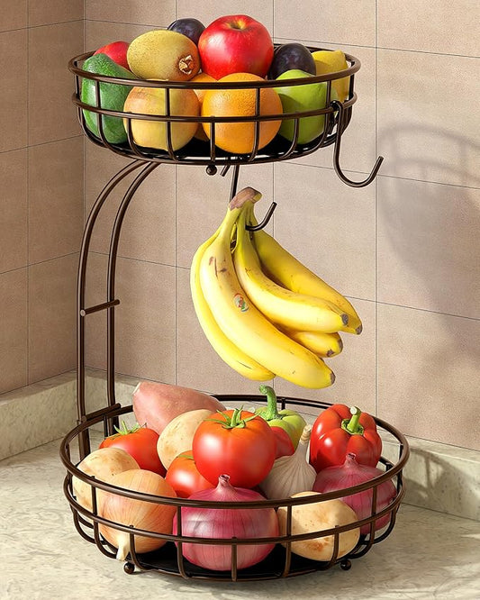 Sevenblue 2 Tier Large Fruit Basket for Kitchen Counter with Removable Banana Hanger - Sturdy Iron Fruit Bowl for Kitchen Counter and Vegetable Holder, Fruit Holder for Kitchen Countertop, Brown