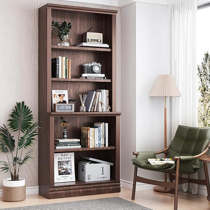 72 in Tall Bookcase, Dark Cherry 31.3 in Wide Floor Standing Bookshelf, 5 Tier Large Floor Standing Display Storage Shelves with Adjustable Shelves for Living Room Hallway Home Office Bedroom