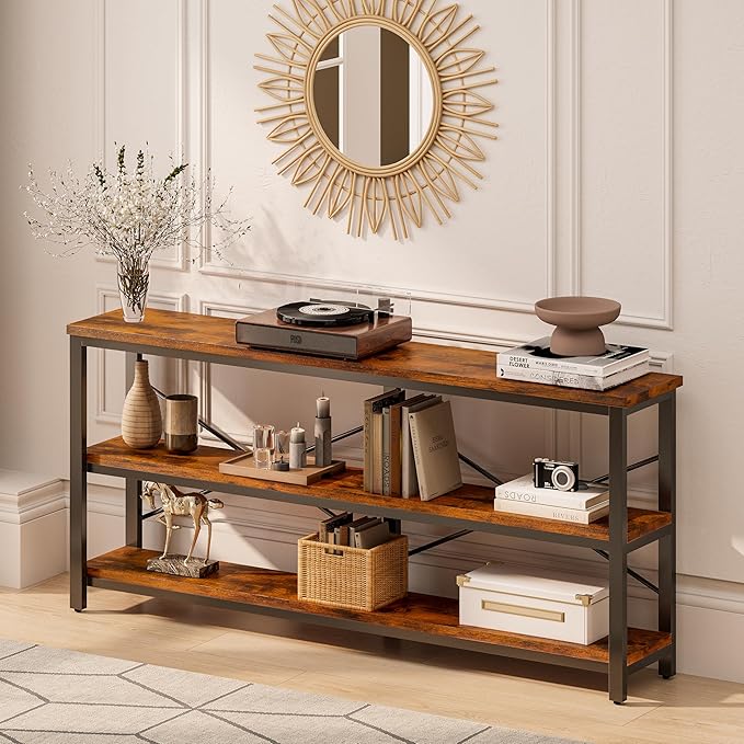 71inch Sofa Tables Extra Long Couch Table, Narrow Long Console, Entryway Table,Sofa Table with 3 Tiers Storage Shelves (Rustic Brown)