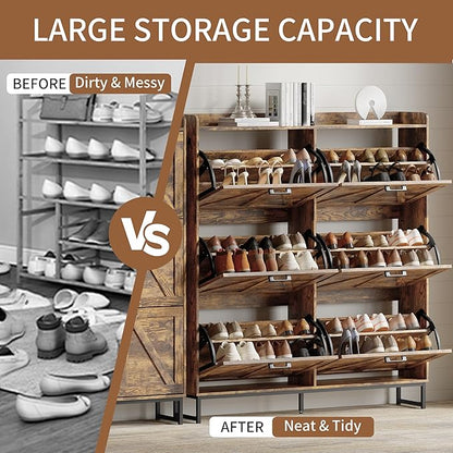 Shoe Cabinet with 6 Flip Drawers, Freestanding Hidden Shoe Storage Organizer for Entryway, Narrow Slim Shoe Rack Cabinet with Open Storage & Hooks for Front Door Entrance, Living Room, Hallway, Brown