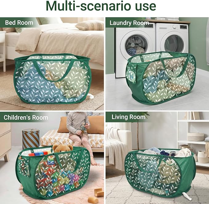 Durable Collapsible Laundry Baskets, Foldable Laundry Basket with Handy Pocket, Mesh Pop Up Clothes Hamper with Reinforced Carry Handles for Laundry, Bathroom, Kids Room, Travel -Leaf Print, Green