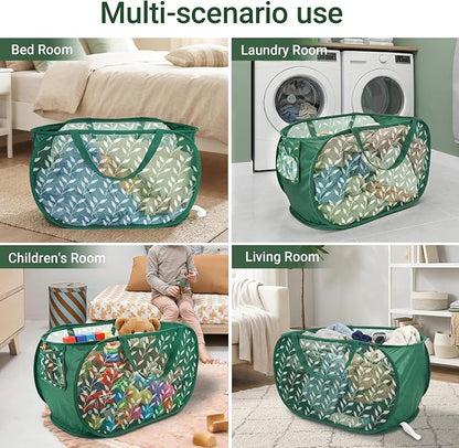 Durable Collapsible Laundry Baskets, Foldable Laundry Basket with Handy Pocket, Mesh Pop Up Clothes Hamper with Reinforced Carry Handles for Laundry, Bathroom, Kids Room, Travel -Leaf Print, Green