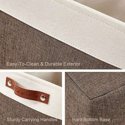 DECOMOMO Storage Baskets for Shelves - Fabric Storage Bins, Linen Closet Organizers and Storage (Brown & White, Large - 3 Pack)