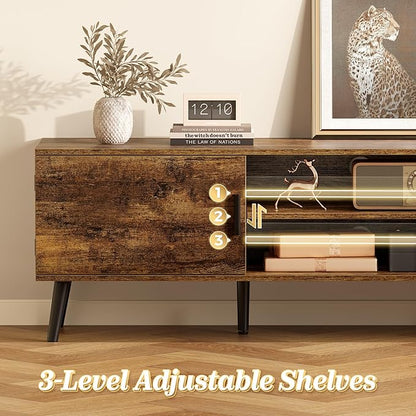 SUPERJARE TV Stand for 55, 65 Inch TV, 63 Inch Entertainment Center with Adjustable Shelf, 2 Cabinets, TV Console Table, Media Console, Solid Wood Feet, 4 Cord Holes, for Living Room, Rustic Brown