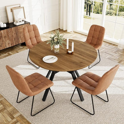 Extendable Round Dining Table Set for 4 People, 43.3"-59.1" Extendable Kitchen Table with 4 Upholstered Chairs, Space Saving for Kitchen Dining Room (Walunt Table+4 U-Shaped Brown Chairs)