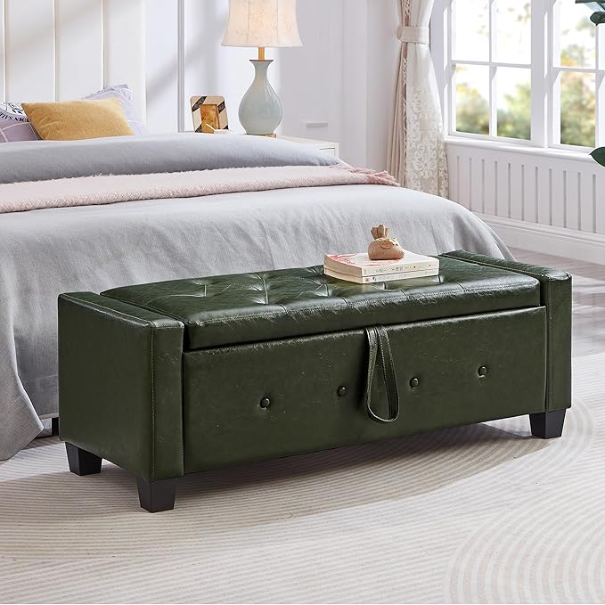 Furniliving Storage Bench, 48‘’ Upholstered PU Leather Ottoman Bench with Button-Tufted, Folding Bedroom Bench with Wood Legs, Entryway Bench for Bedroom, Grass Green