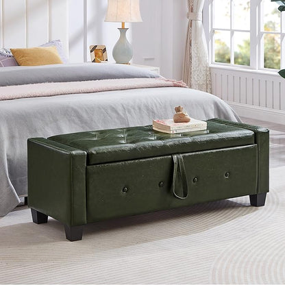 Furniliving Storage Bench, 48‘’ Upholstered PU Leather Ottoman Bench with Button-Tufted, Folding Bedroom Bench with Wood Legs, Entryway Bench for Bedroom, Grass Green