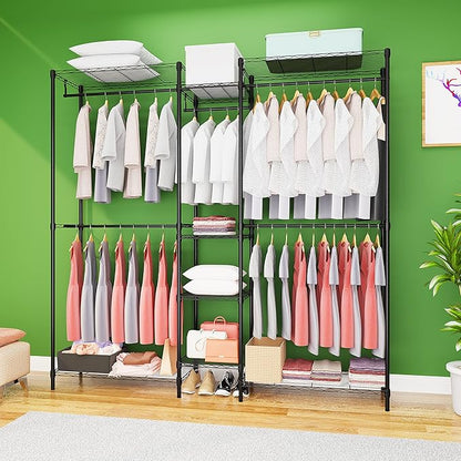 Heavy Duty Clothes Rack for Hanging Clothes, Metal Garment Rack，Large Capacity Portable Clothing Rack，Freestanding Open Wardrobe Organizer Rack, 67.0"L x 13.8"W x 75.6"H Max Load 720LBS, Black