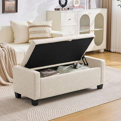 Huatean Home 43" Ottoman with Storage, Storage Ottoman Bench with Safety Hinge, Upholstered Entryway Bench with Seating for Bedroom, Living Room, Holds up to 330 lb, Beige