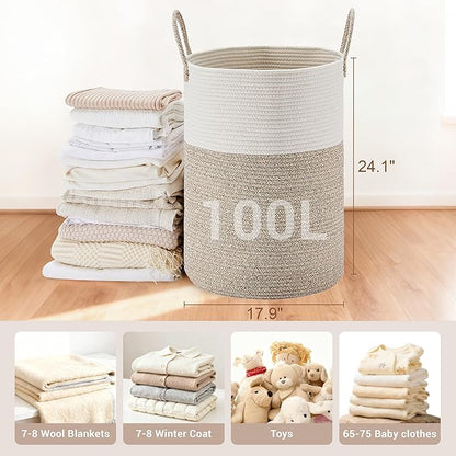 Tall Laundry Basket with Handles, 100L Portable Dirty Clothes Hamper, Boho Cotton Rope Storage Bin for Blankets Kids Toys Gifts, Extra Large Organizer for Baby Nursery Bedroom Bathroom, Brown