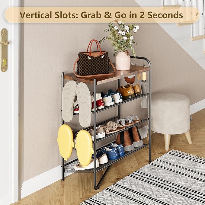 4 Tier Shoe Rack for Entryway, Metal Shoe Rack Organizer Holds 15 Pairs Shoes, Front Door Shoe Storage with Rustic Brown Wooden Top, Vertical shoe rack for Space Saving Shoe Organizer (4-Tiers)
